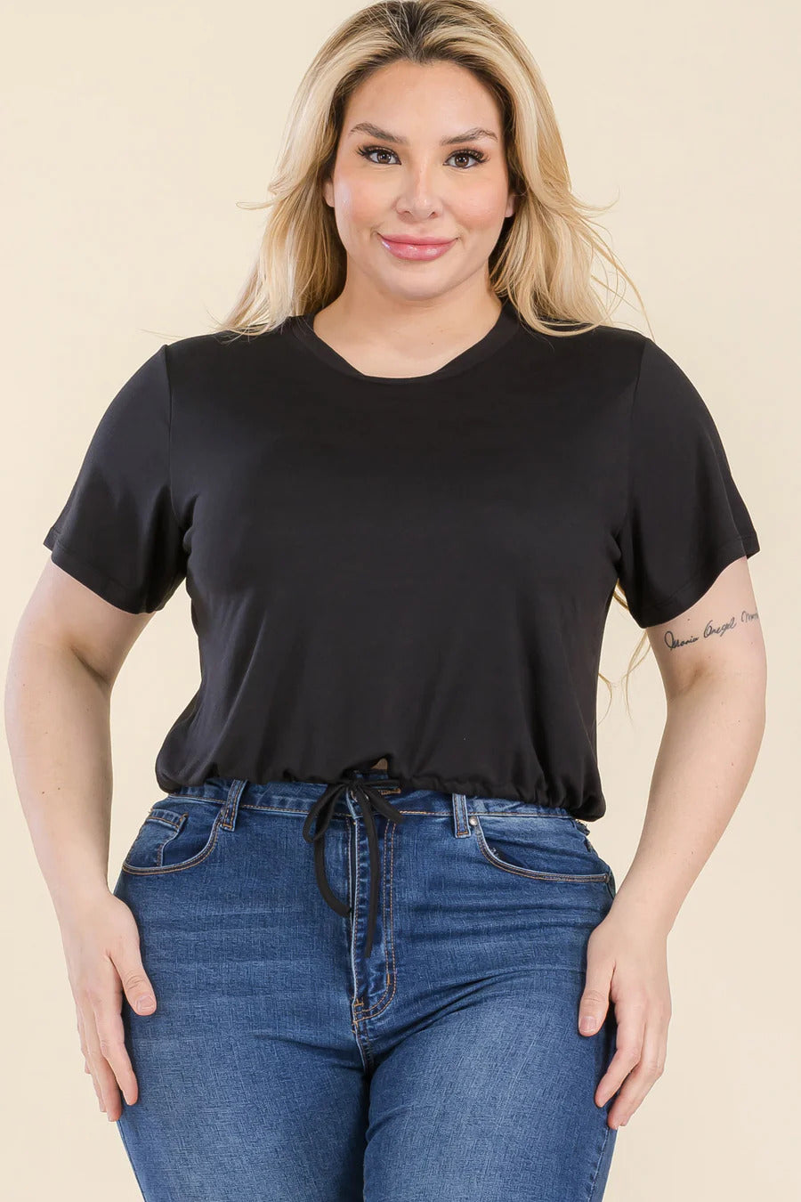 Plus Black Tie Front Drawstring Short Sleeve Crop Top