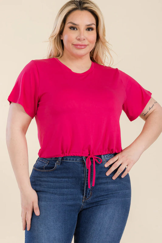 Plus Fuchsia Tie Front Drawstring Short Sleeve Crop Top