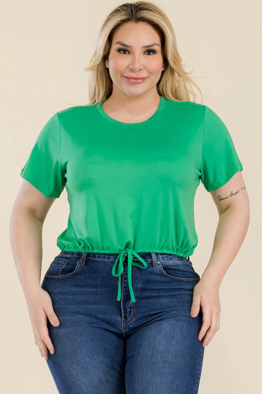 Plus Kelly Green Tie Front Drawstring Short Sleeve Crop Top