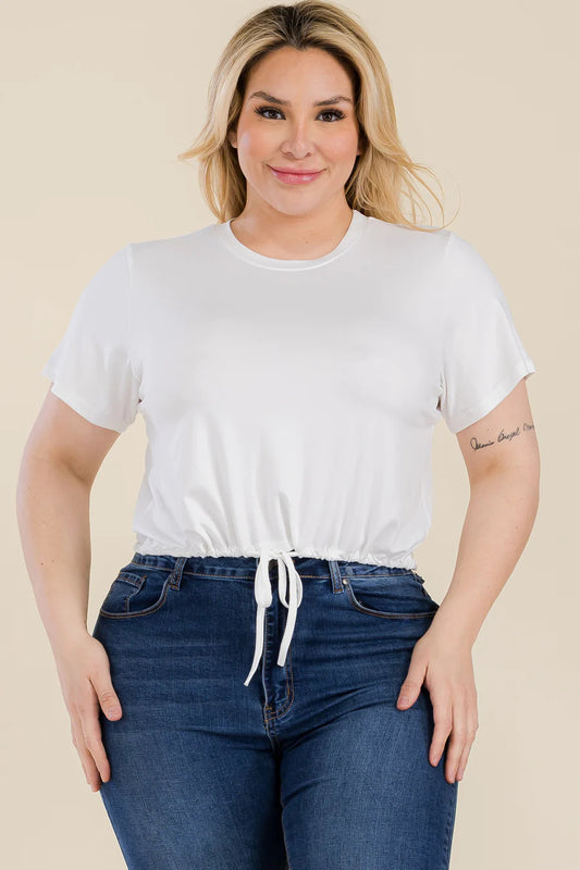 Plus White Tie Front Drawstring Short Sleeve Crop Top