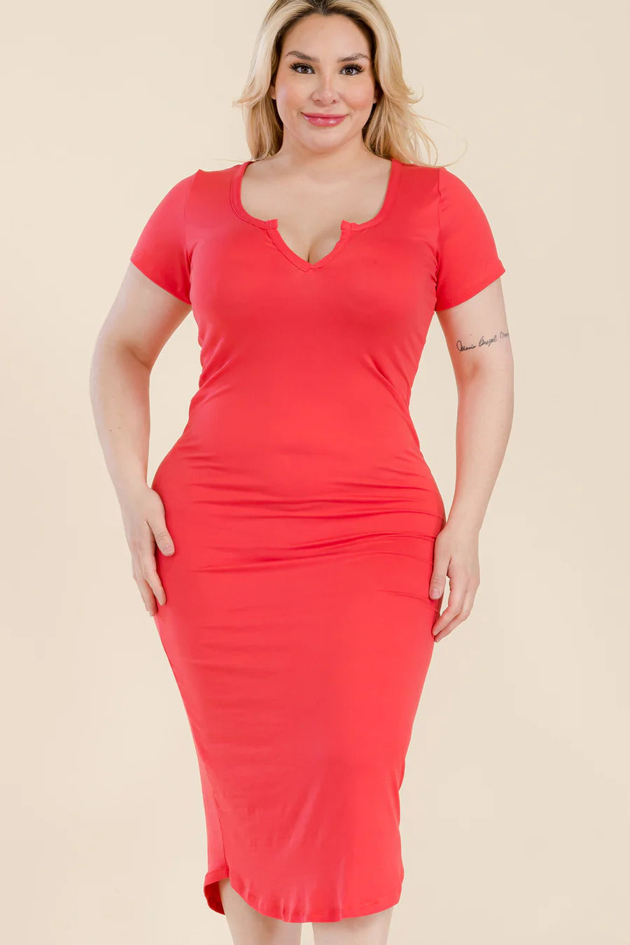 Plus Fiery Coral Split Neck Bodycon Midi Dress