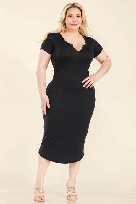 Plus Black Split Neck Bodycon Midi Dress