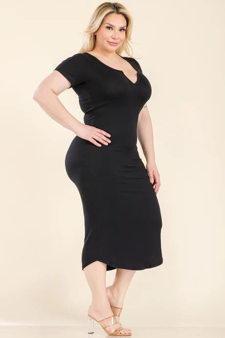 Plus Black Split Neck Bodycon Midi Dress