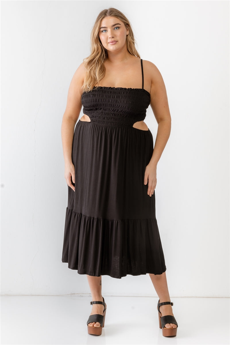 Plus Black Smocked Cut-out Strappy Flare Hem Midi Dress