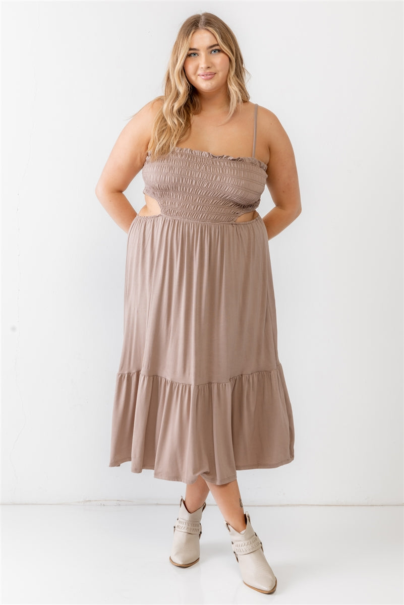 Plus Mocha Smocked Cut-out Strappy Flare Hem Midi Dress