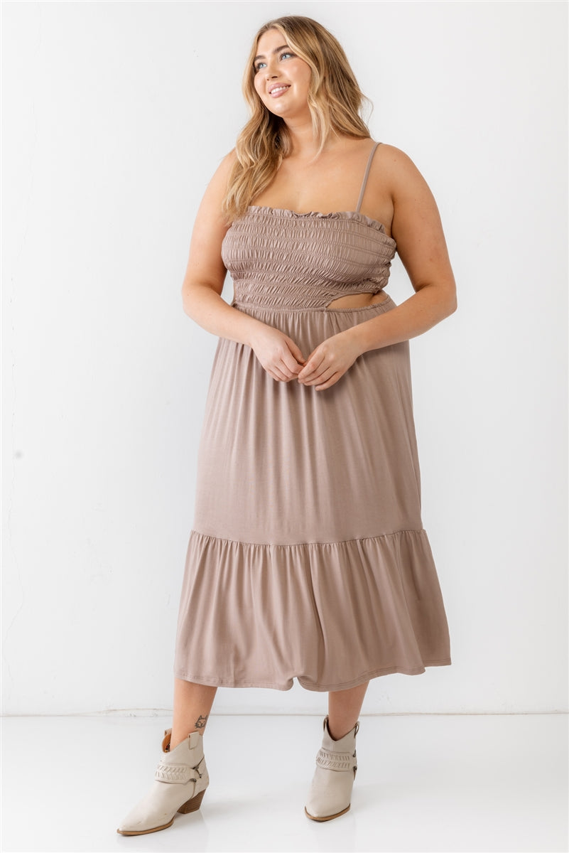 Plus Mocha Smocked Cut-out Strappy Flare Hem Midi Dress