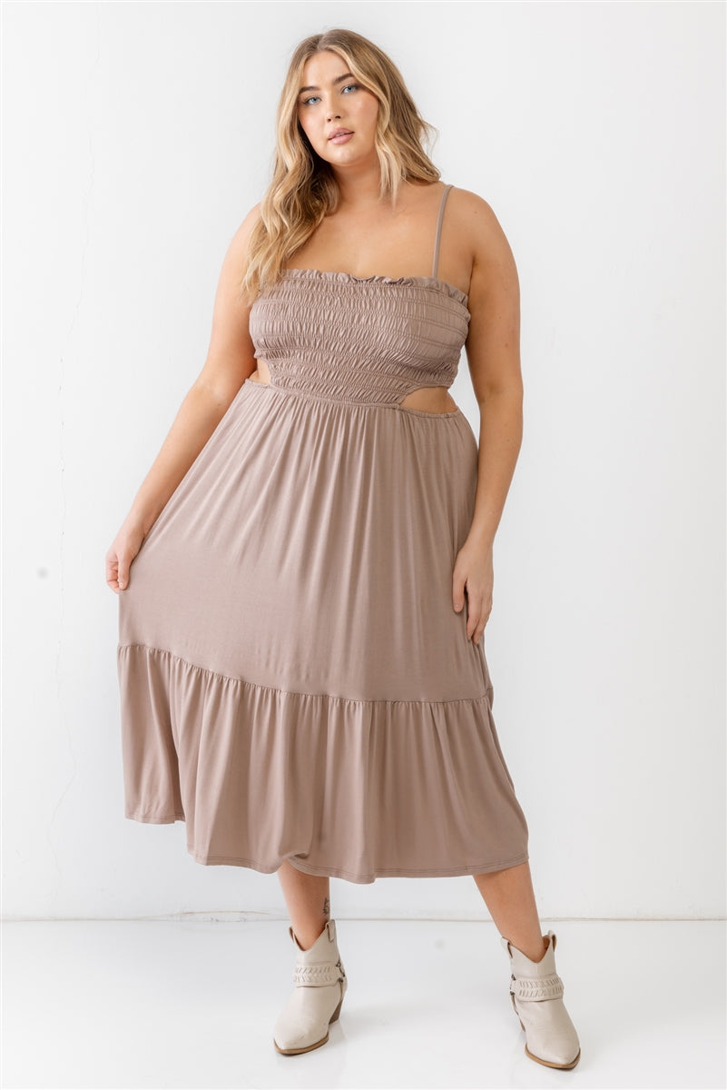 Plus Mocha Smocked Cut-out Strappy Flare Hem Midi Dress