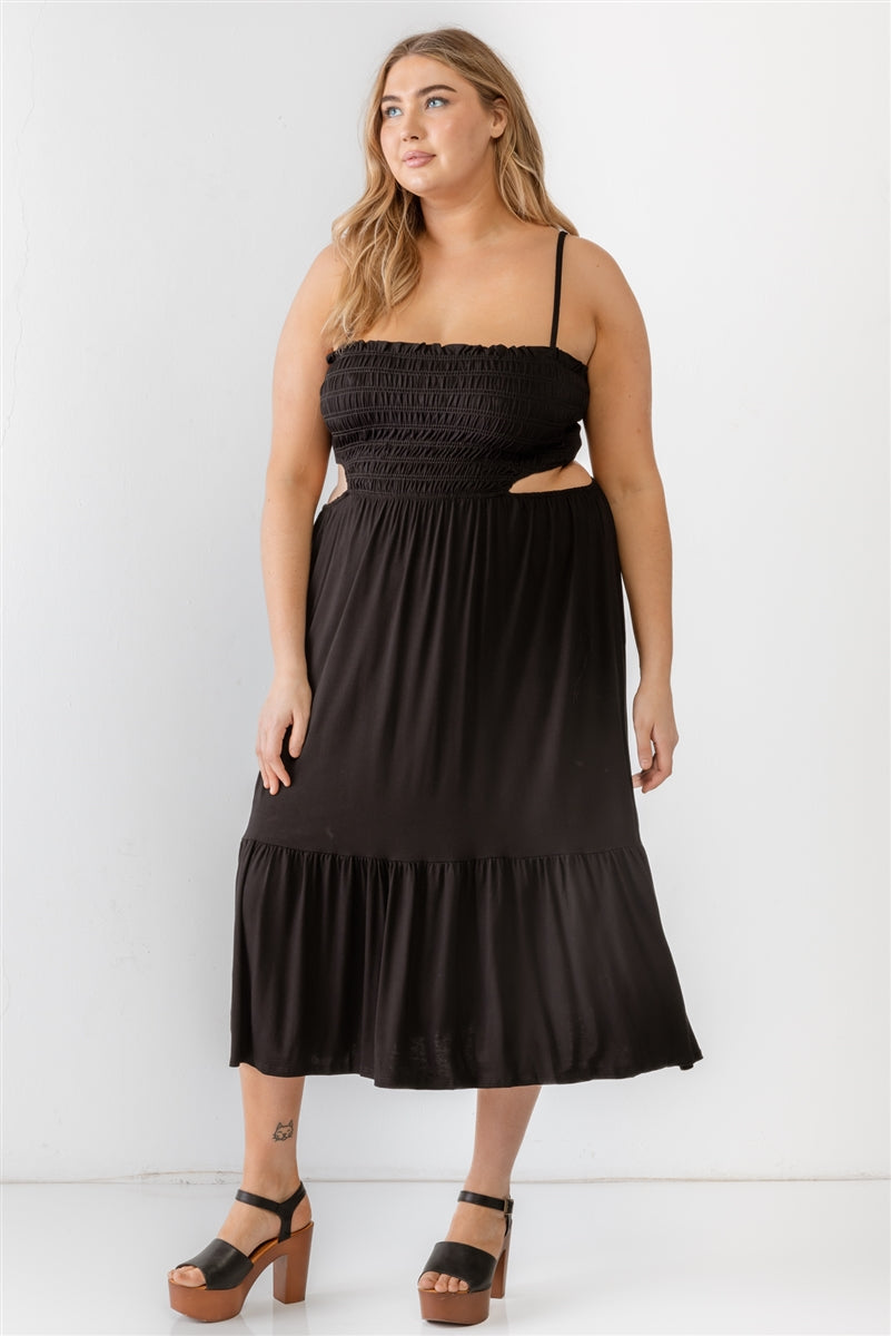 Plus Black Smocked Cut-out Strappy Flare Hem Midi Dress