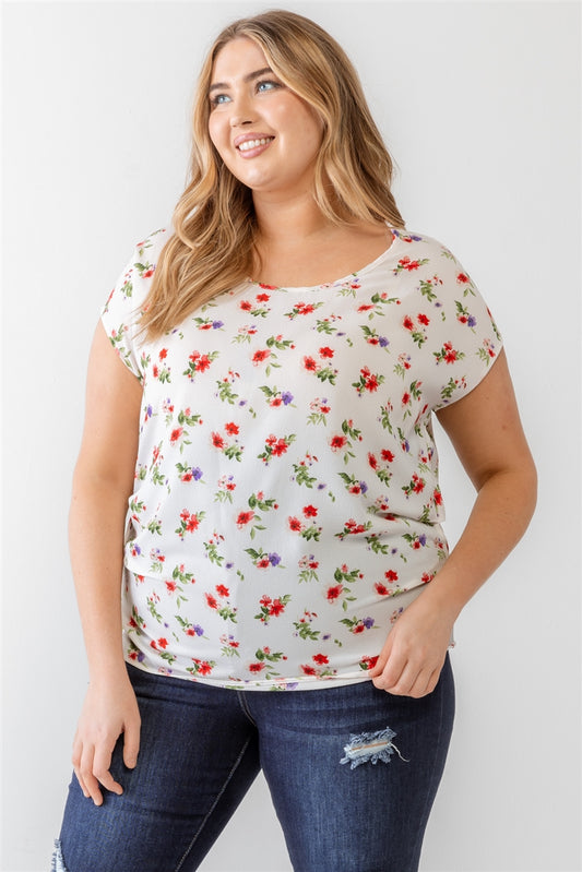 Plus Ivory Flower Print Ruched Top