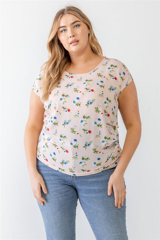 Plus Pink Flower Print Ruched Top