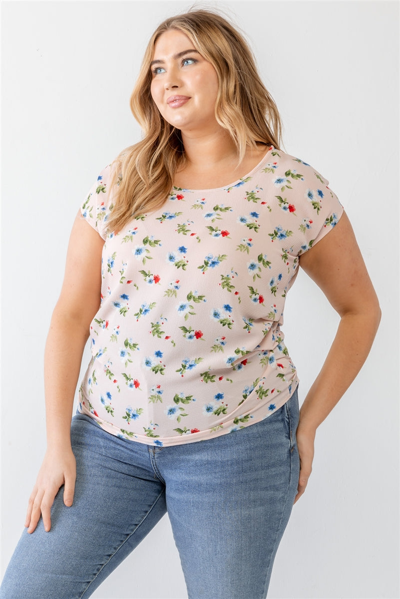 Plus Pink Flower Print Ruched Top