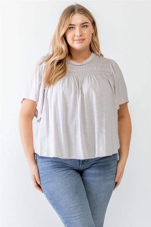 Plus Grey Cotton Blend Smocked Short Sleeve Top