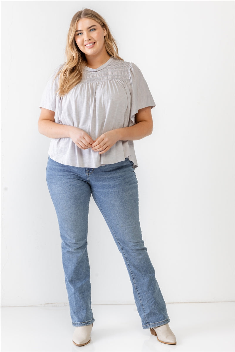 Plus Grey Cotton Blend Smocked Short Sleeve Top