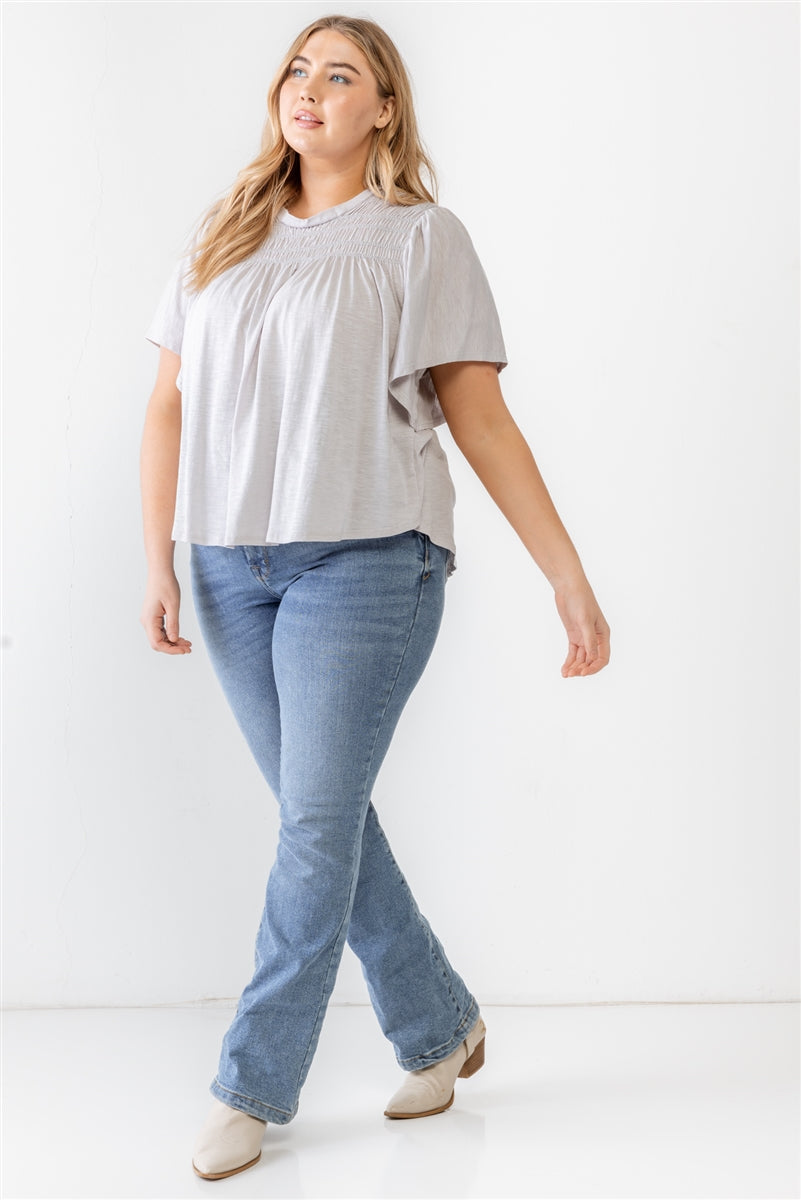 Plus Grey Cotton Blend Smocked Short Sleeve Top