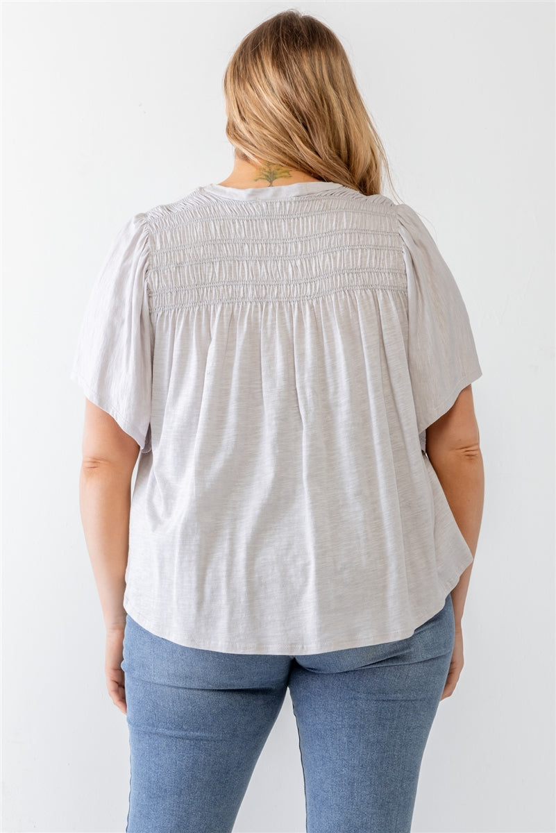 Plus Grey Cotton Blend Smocked Short Sleeve Top