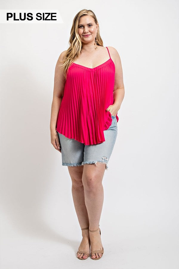 Plus Hot Pink Pleated Tank Top with Adjustable Straps