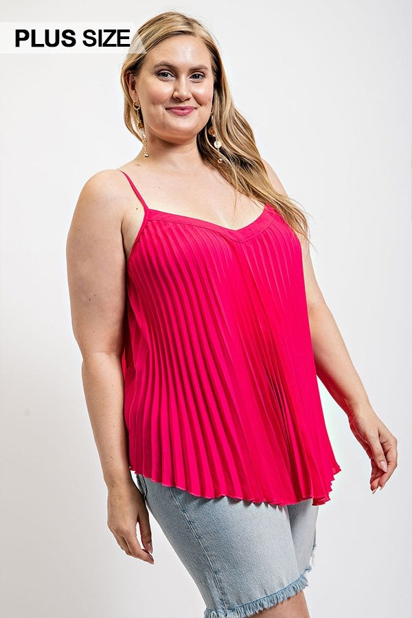 Plus Hot Pink Pleated Tank Top with Adjustable Straps
