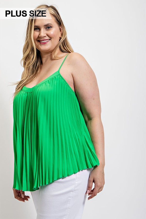 Plus Apple Green Pleated Tank Top with Adjustable Straps