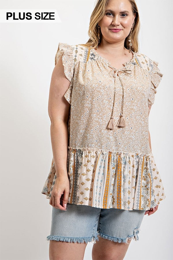 Plus Taupe Sleeveless Flutter Top with Tassel Tie, Mixed Prints