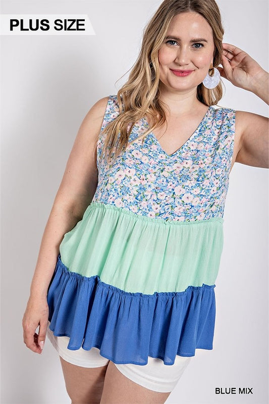 Plus Blue Floral Color Block V-Neck Top with Ruffles