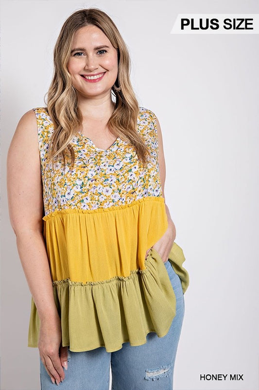 Plus Honey Mix Floral Tiered V-Neck Top with Ruffle Detail