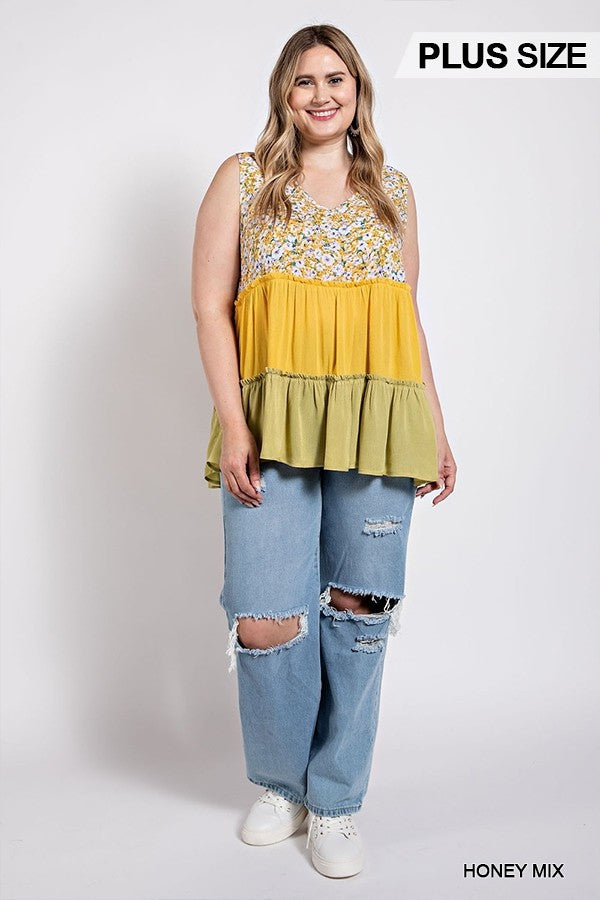 Plus Honey Mix Floral Tiered V-Neck Top with Ruffle Detail