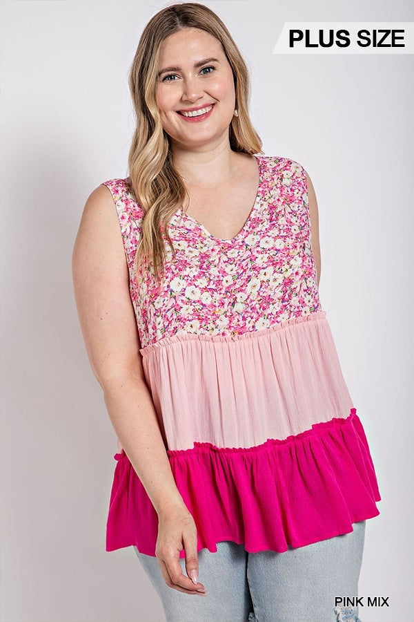 Plus Pink Mix Floral Tiered V-Neck Top with Ruffle Accent