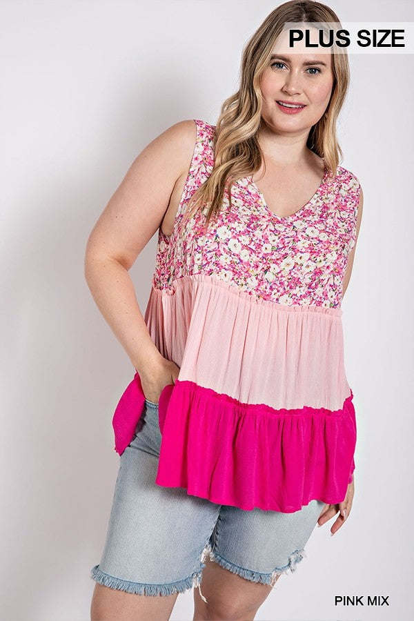 Plus Pink Mix Floral Tiered V-Neck Top with Ruffle Accent