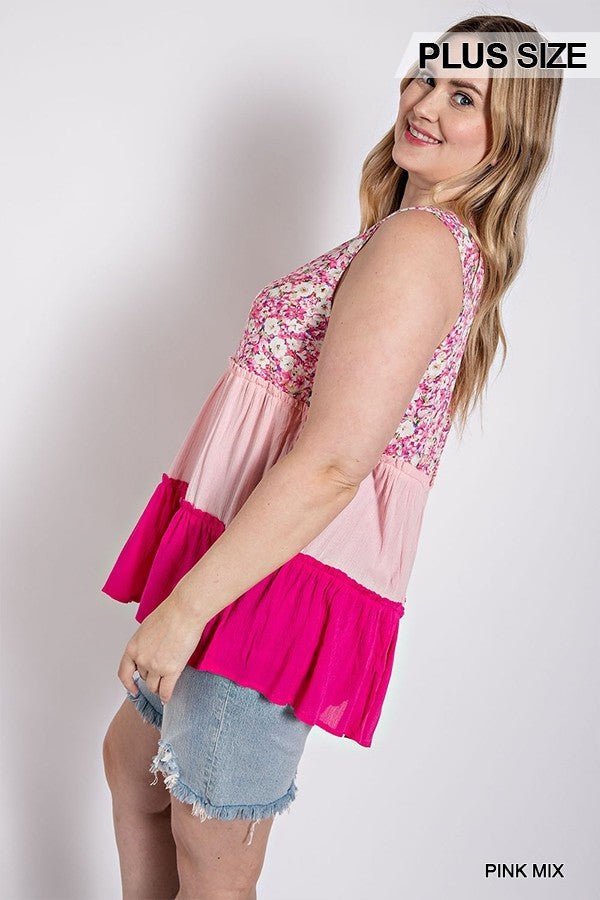 Plus Pink Mix Floral Tiered V-Neck Top with Ruffle Accent
