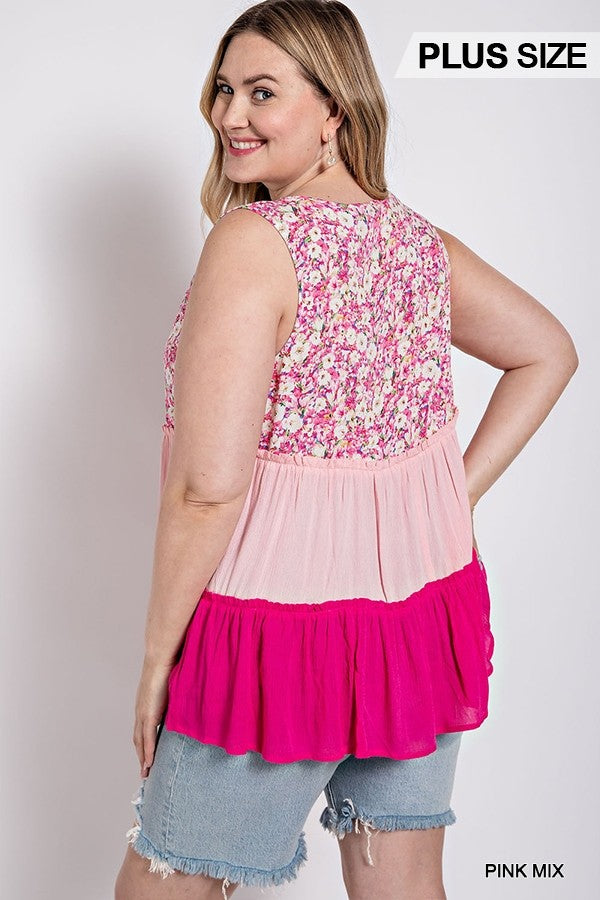 Plus Pink Mix Floral Tiered V-Neck Top with Ruffle Accent