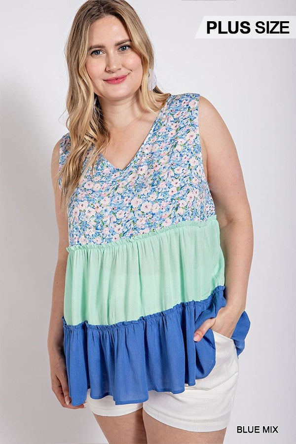 Plus Blue Floral Color Block V-Neck Top with Ruffles