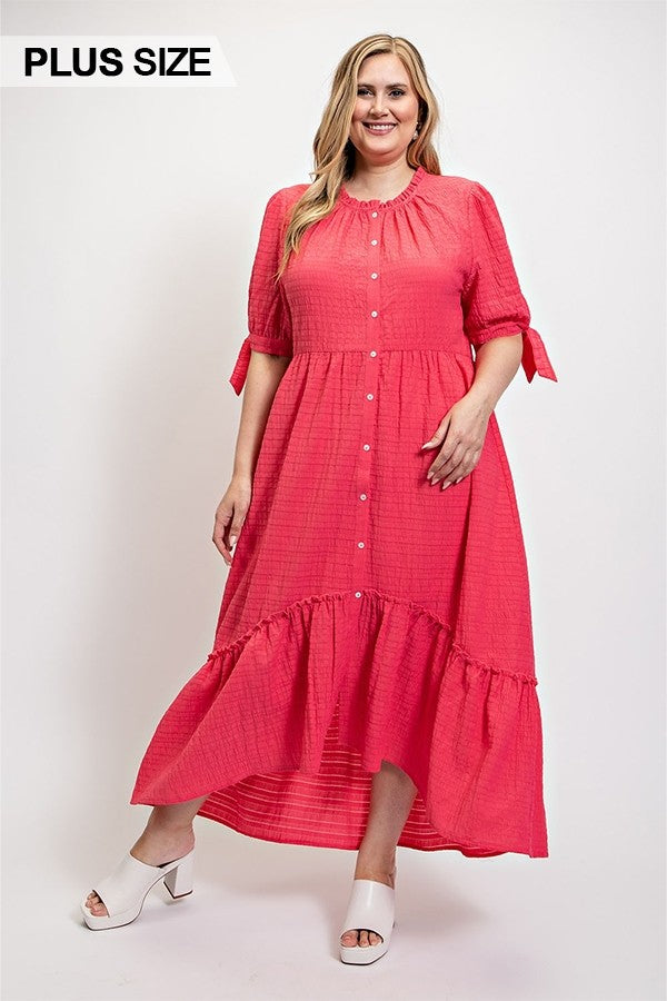 Plus Hot Pink Textured Button Down Maxi Dress