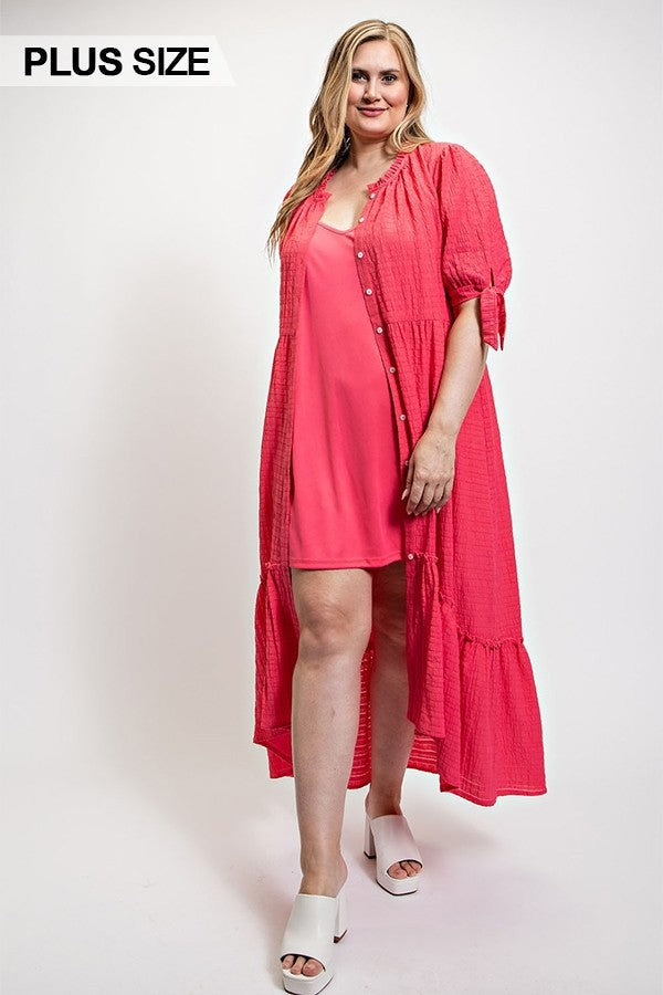 Plus Hot Pink Textured Button Down Maxi Dress