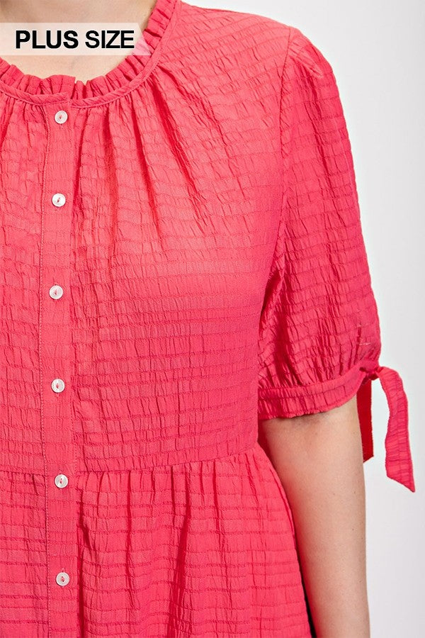 Plus Hot Pink Textured Button Down Maxi Dress