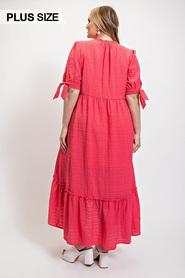 Plus Hot Pink Textured Button Down Maxi Dress