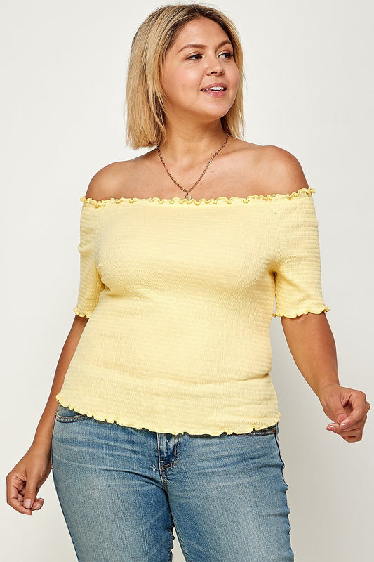 Plus Mellow Yellow Solid Off-the-Shoulder Smocked Top
