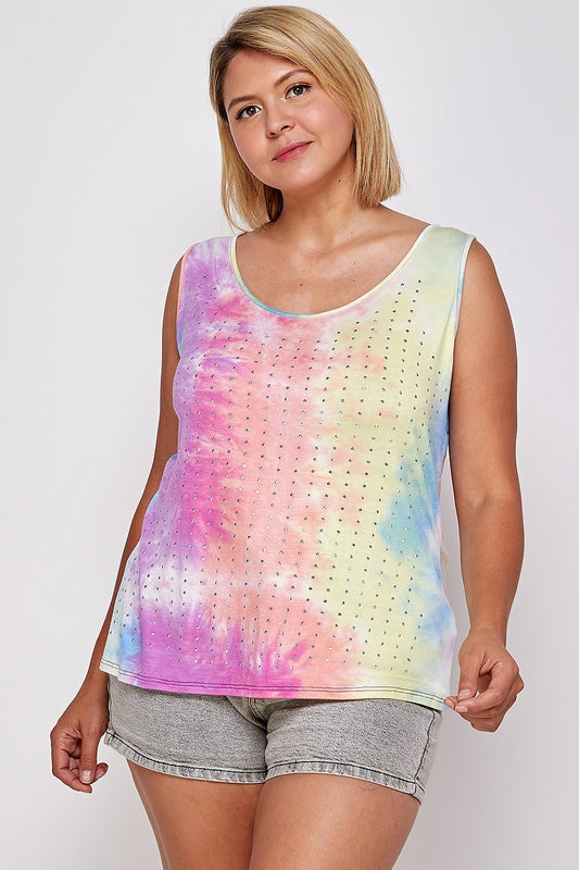 Plus Pink Tie Dye Tank with Studded Detail