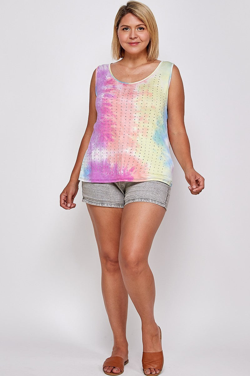 Plus Pink Tie Dye Tank with Studded Detail