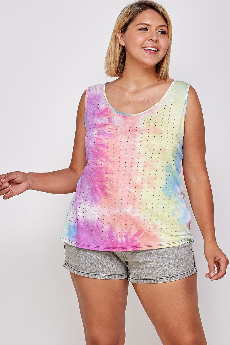 Plus Pink Tie Dye Tank with Studded Detail