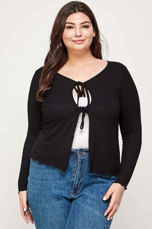 Plus Black Solid Ribbed Pointelle Cardigan