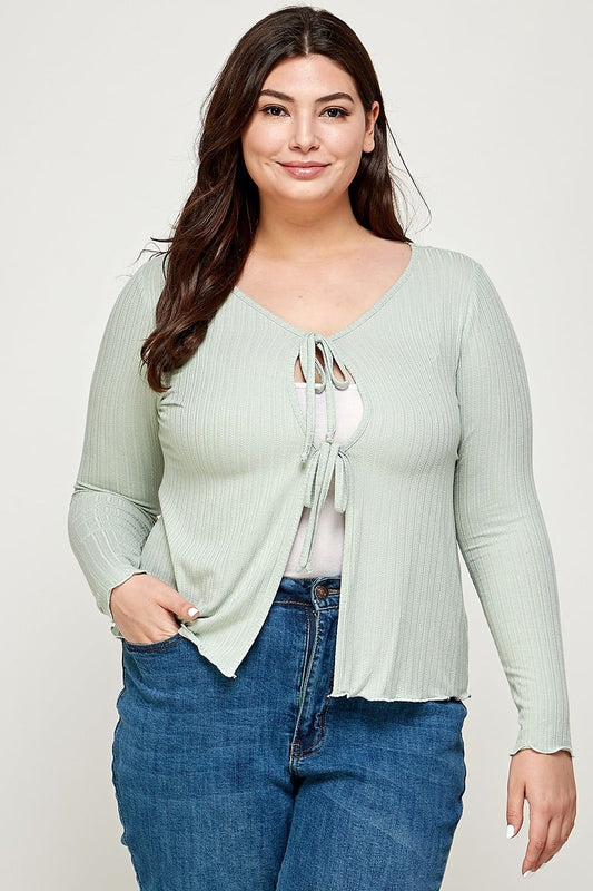 Plus Sage Solid Ribbed Pointelle Cardigan