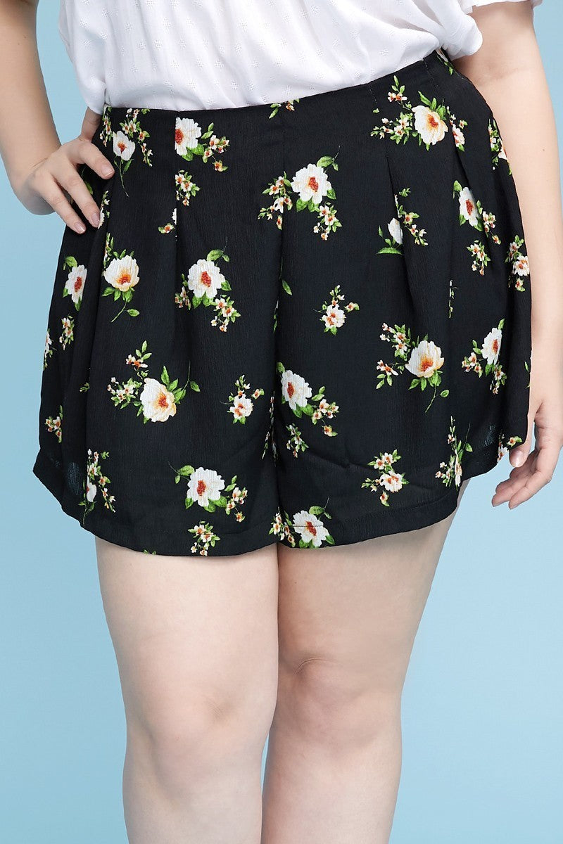 Plus Black Floral Print Flowy Shorts