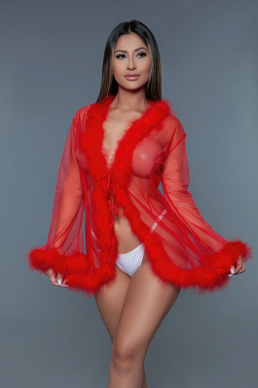 Red Sheer Short Length Robe with Marabou Feather Trim