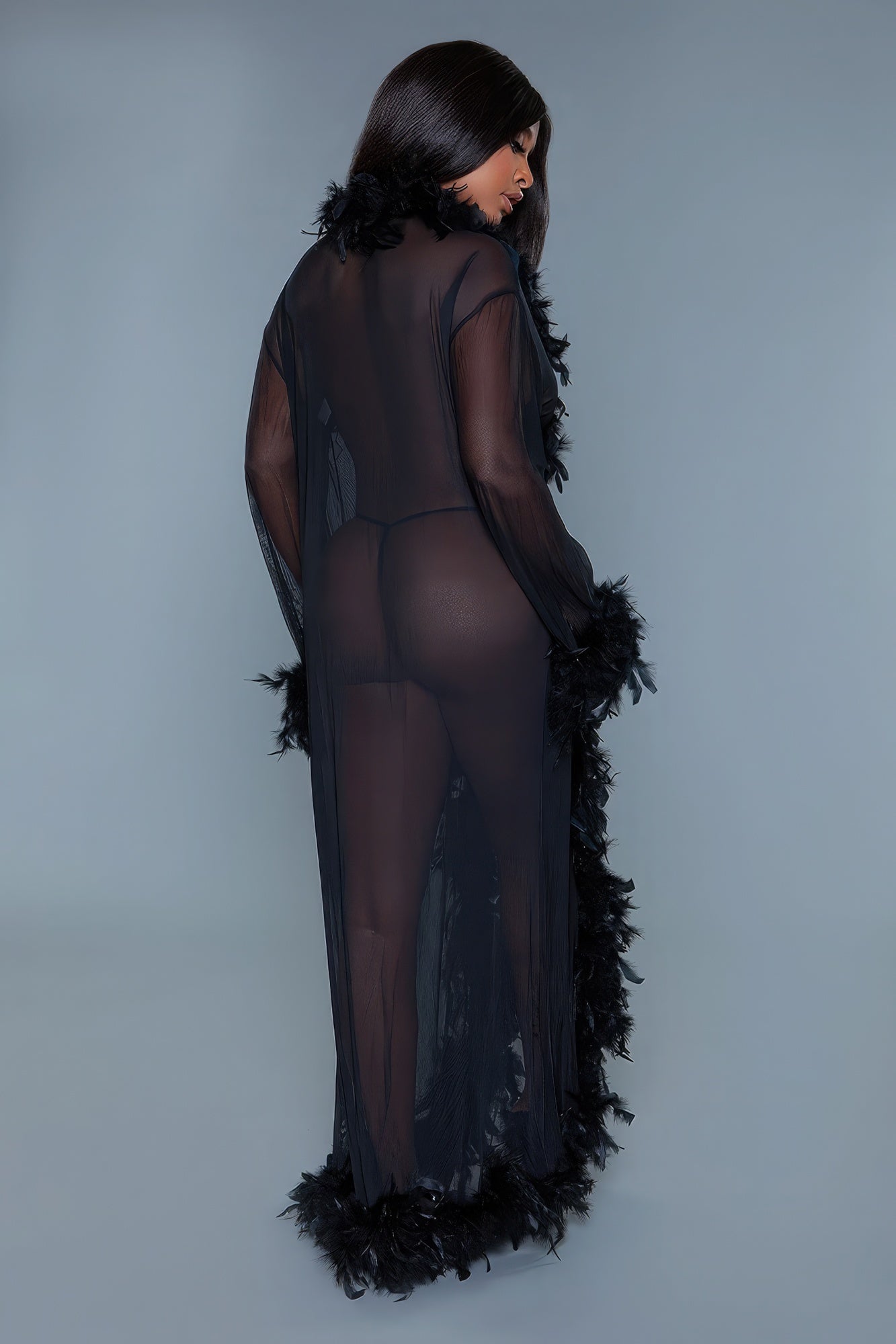 Black Sheer Full-Length Robe with Chandelle Boa Feather Trim
