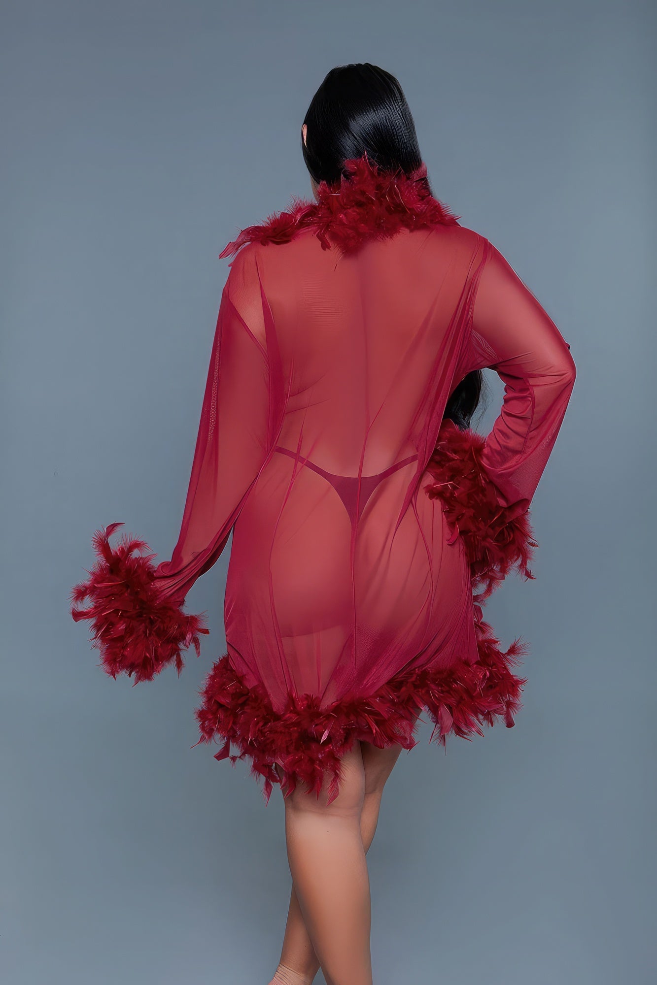 Maroon Knee Length Feather Robe with Ribbon Ties