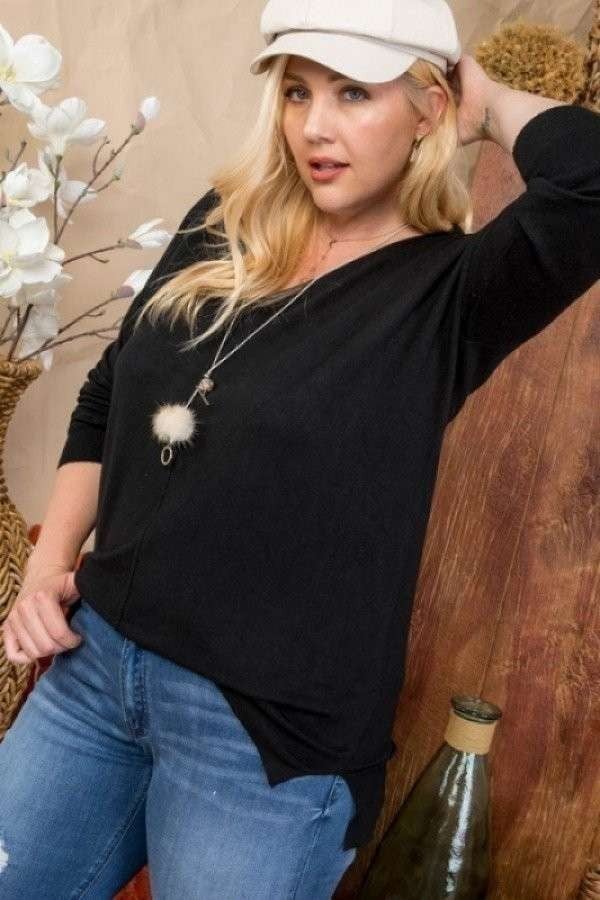 Plus Black V-Neck 3/4 Sleeve Hi-Lo Sweater with Side Slit