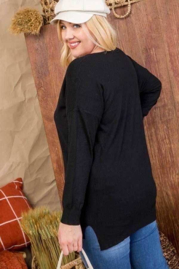 Plus Black V-Neck 3/4 Sleeve Hi-Lo Sweater with Side Slit