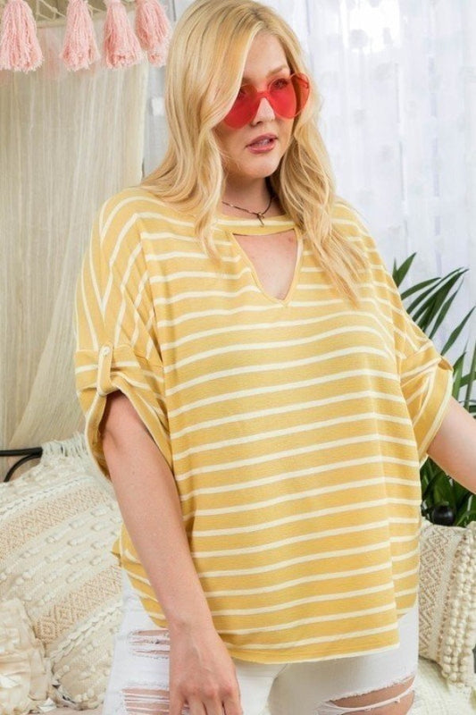 Plus Yellow/White Choker Neck Stripe Top, Roll-Up Sleeves