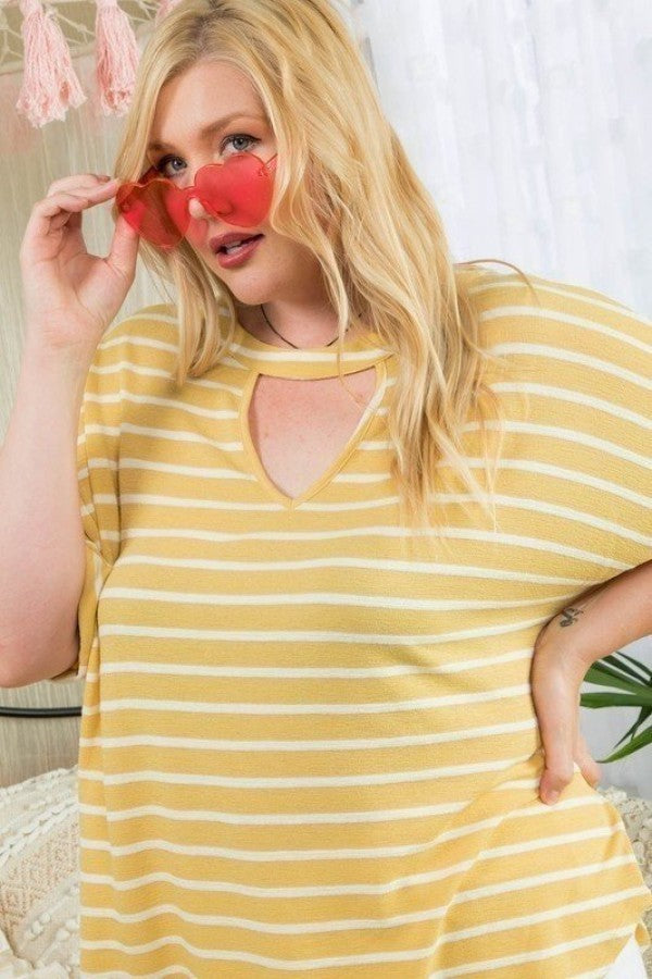 Plus Yellow/White Choker Neck Stripe Top, Roll-Up Sleeves