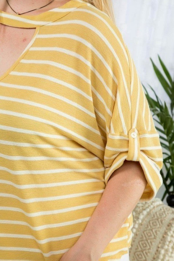 Plus Yellow/White Choker Neck Stripe Top, Roll-Up Sleeves